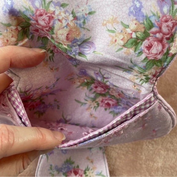 Handmade Wallet Patchwork Cottagecore Lilac and Pink Floral Gingham Embroidered - Picture 2 of 11